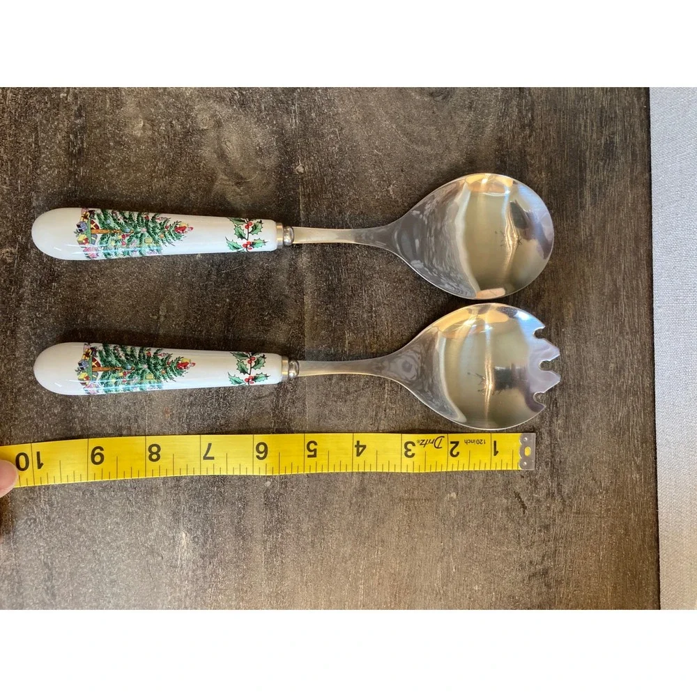 Spode Christmas Tree Salad Server Set Stainless Steel Ceramic Handles 2pc 9.75in